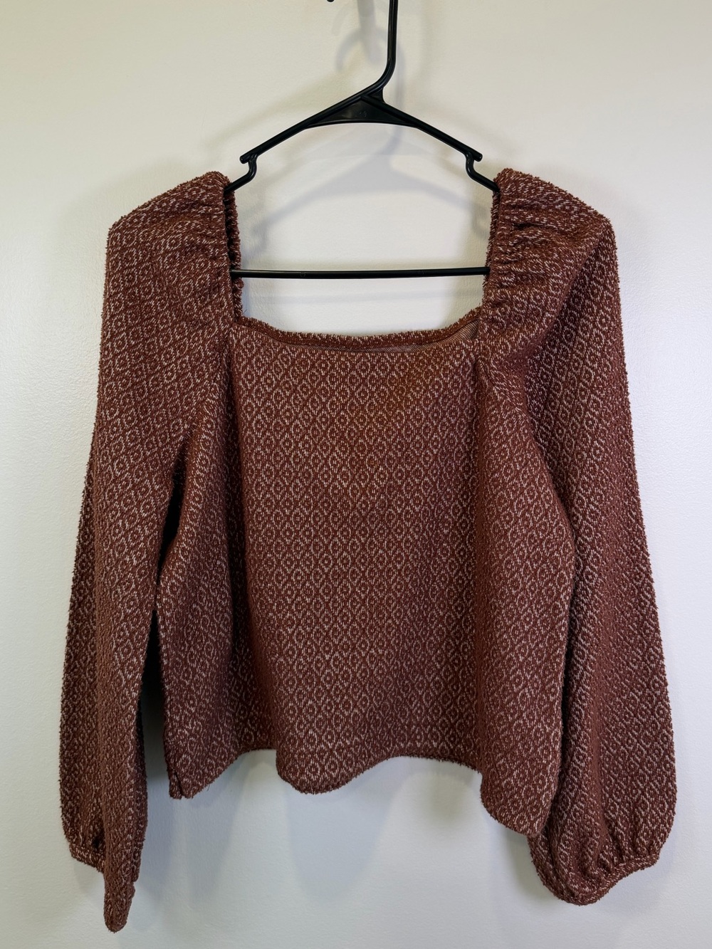 Madewell Jacquard Puff-Sleeve Crop Top Womens Sz M Brown Knit Square Neck Long